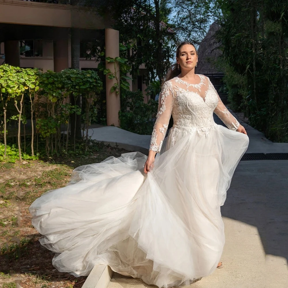 Elegant Tulle Wedding Dresses Plus Size O Neck Long Illusion Sleeves Bride Gowns Applique Sweep Train A-Line Robe De Mariee
Elegant Tulle Wedding Dresses Plus Size O Neck Long Illusion Sleeves Bride Gowns Applique Sweep Train A-Line Robe De Mariee