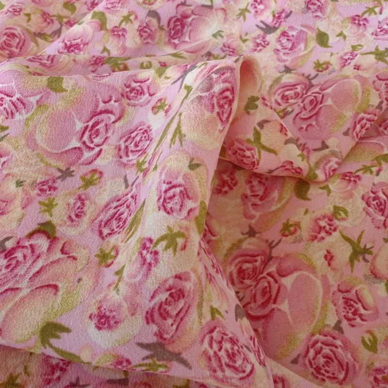 Темно-розовая тонкая шифоновая ткань с цветочным принтом, туманная роза, женский стиль, эластичная мята, весенне-летняя классическая рубашка, дизайнерская одежда для девочек