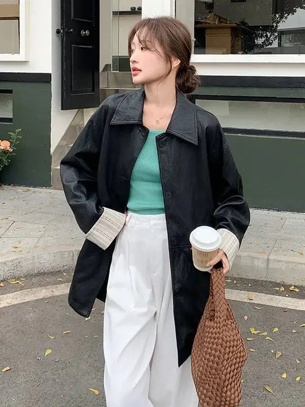 Color Striped Long Loose Women's Leather Autumn Spring Cool Wind High-End Feeling Butt Covering Coat
Color Striped Long Loose Women's Leather Autumn Spring Cool Wind High-End Feeling Butt Covering Coat