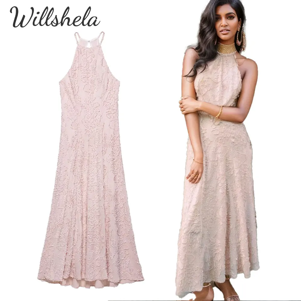 Willshela Women Fashion Pink Flocking Midi Camisole Dress Halter Neck Female Chic Lady Casual Mujer Long Vestidos
Willshela Women Fashion Pink Flocking Midi Camisole Dress Halter Neck Female Chic Lady Casual Mujer Long Vestidos