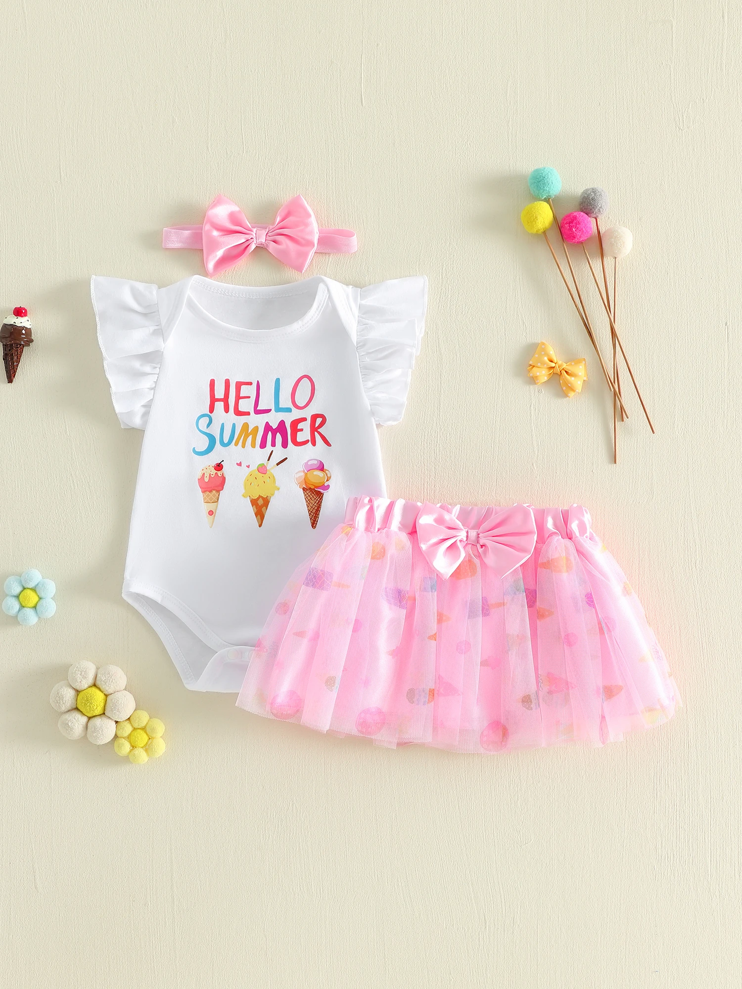 3-Piece Baby Girl Summer Outfit Set with Ice Cream Print Romper Tulle Skirt and Matching Headband - Adorable Crew Neck Flying
3-Piece Baby Girl Summer Outfit Set with Ice Cream Print Romper Tulle Skirt and Matching Headband - Adorable Crew Neck Flying