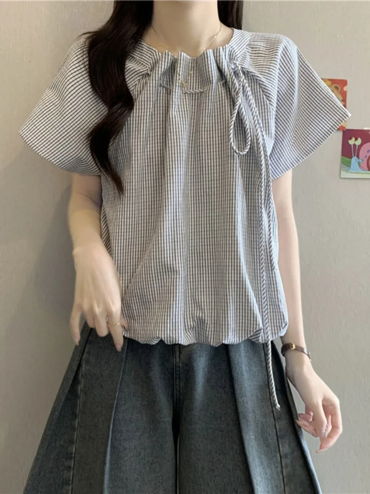 Korean Retro Striped Short Sleeve Shirt Women's Summer Design Unique Beautiful Bow Tie Puffy Flower Bud Top
Korean Retro Striped Short Sleeve Shirt Women's Summer Design Unique Beautiful Bow Tie Puffy Flower Bud Top
