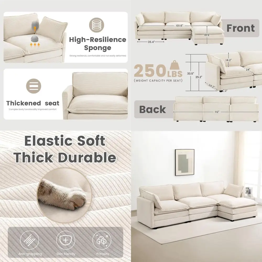 112 Inch 4-Seat Oversized Sectional Sofa with Movable Ottoman, Convertible L-Shape Couch, Beige Corduroy Living Room/Office Set
112 Inch 4-Seat Oversized Sectional Sofa with Movable Ottoman, Convertible L-Shape Couch, Beige Corduroy Living Room/Office Set