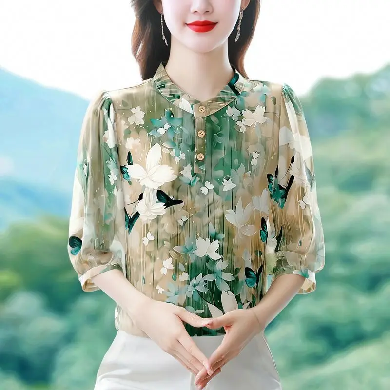 Summer Women's Floral Mid-Sleeve T-Shirts Plus Size Loose Slimming Elegant Chiffon Blouses Base Shirts
Summer Women's Floral Mid-Sleeve T-Shirts Plus Size Loose Slimming Elegant Chiffon Blouses Base Shirts