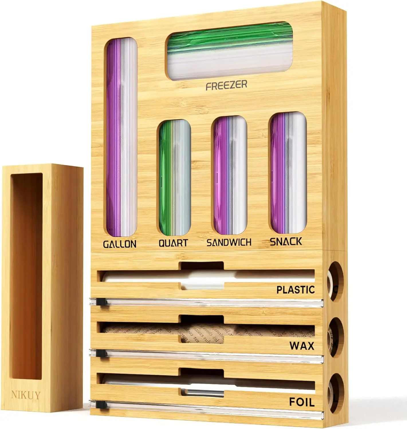 9-in-1 Bamboo Kitchen Organizer for Foil, Wrap & Bags with Cutter and Labels
9-in-1 Bamboo Kitchen Organizer for Foil, Wrap & Bags with Cutter and Labels