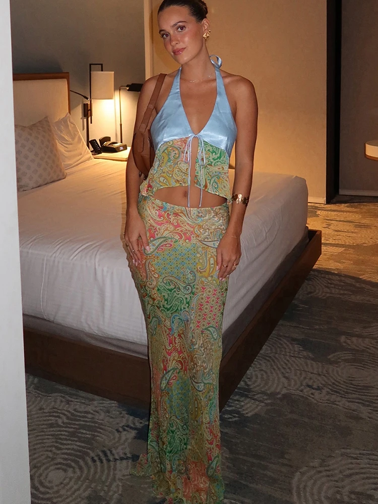 Werid Puss Summer Trend 2 Piece Set Women Satin Patchwork Backless Lace Up Camisole+Colorful Print Maxi Skirts Matching Clubwear
Werid Puss Summer Trend 2 Piece Set Women Satin Patchwork Backless Lace Up Camisole+Colorful Print Maxi Skirts Matching Clubwear