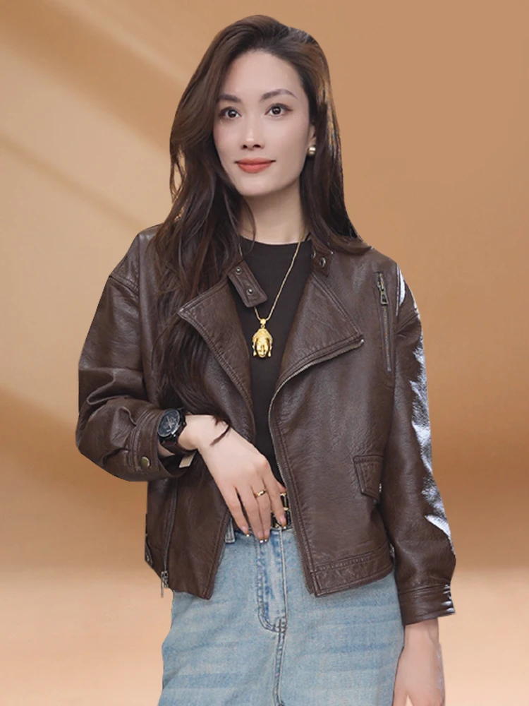 Café Brown Short Leather Jacket Outerwear 2026 Spring Autumn New Style Fashionable Women's Small Size Top Zipper Design
Café Brown Short Leather Jacket Outerwear 2026 Spring Autumn New Style Fashionable Women's Small Size Top Zipper Design