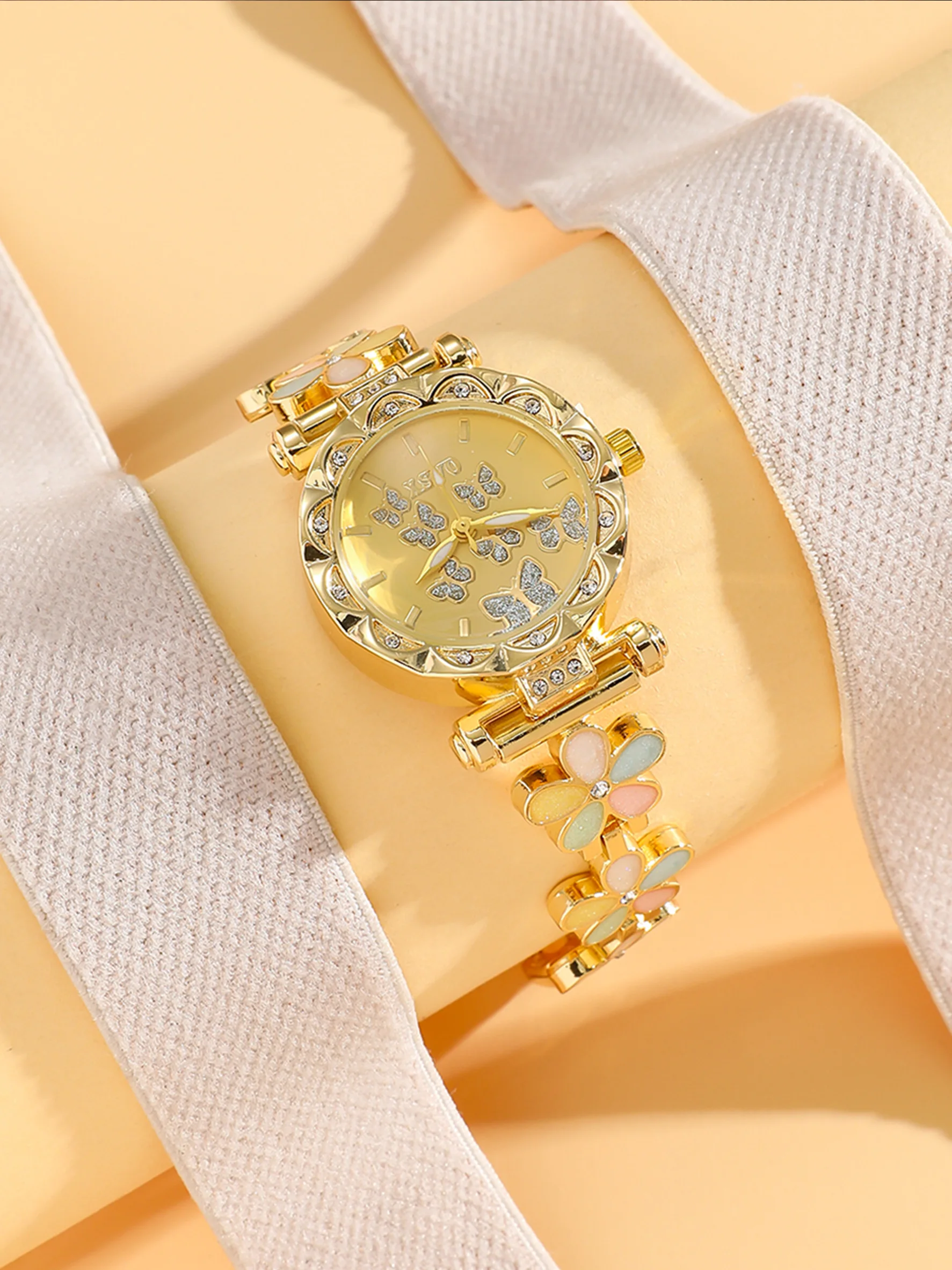 Gold Women's Watch Colorful Flower & Butterfly Design Diamond-Encrusted Quartz Wristwatch Ladies Fashion Bracelet Watch for Part
Gold Women's Watch Colorful Flower & Butterfly Design Diamond-Encrusted Quartz Wristwatch Ladies Fashion Bracelet Watch for Part