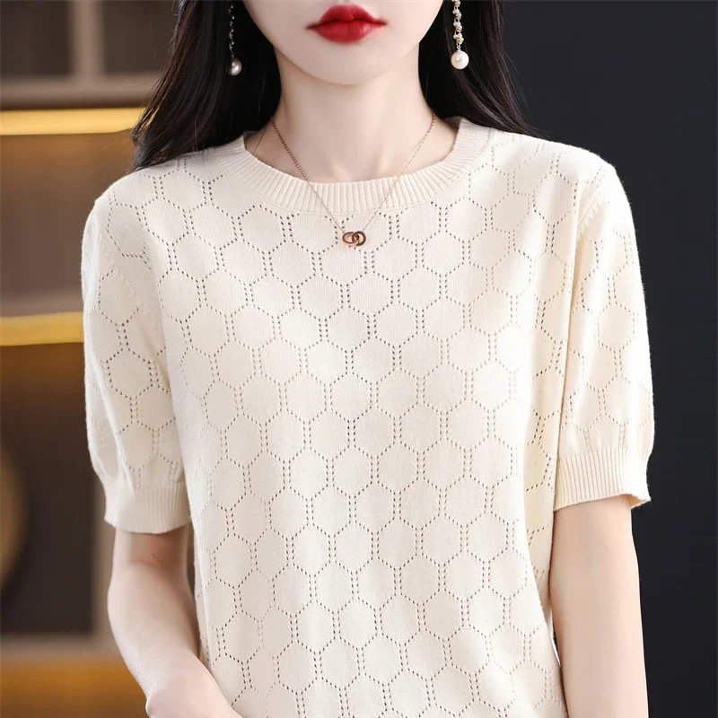 100% cotton round neck short sleeve spring and summer new knitted women's loose casual hollow T-shirt fashion casual top
100% cotton round neck short sleeve spring and summer new knitted women's loose casual hollow T-shirt fashion casual top