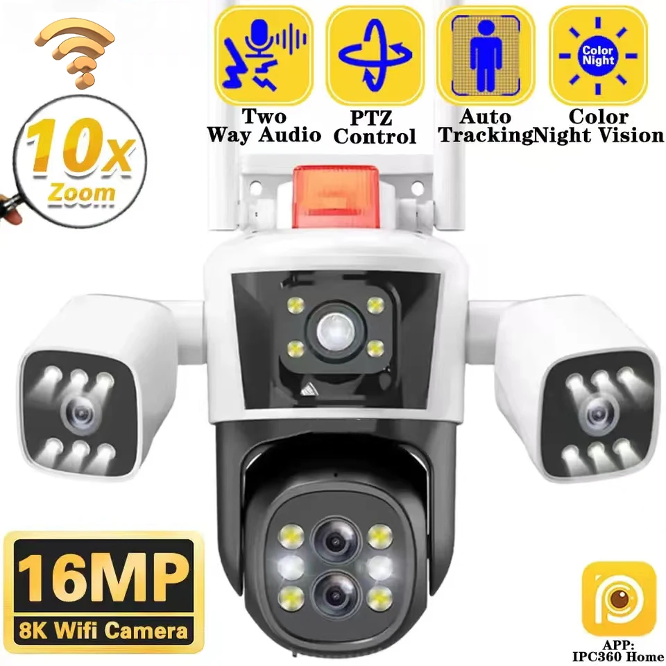 8K 16MP 10X Three Screens WiFi IP surveillance Camera 6K Four Lens Smart Home Outdoor Auto Tracking Outdoor 360 PTZ Security Cam
8K 16MP 10X Three Screens WiFi IP surveillance Camera 6K Four Lens Smart Home Outdoor Auto Tracking Outdoor 360 PTZ Security Cam