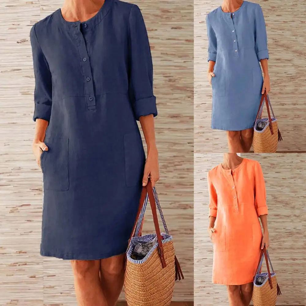 Casual Loose Dress Long Sleeve Women Knee-length Dress Buttons Pockets Cotton Linen Knee-length Dress
Casual Loose Dress Long Sleeve Women Knee-length Dress Buttons Pockets Cotton Linen Knee-length Dress