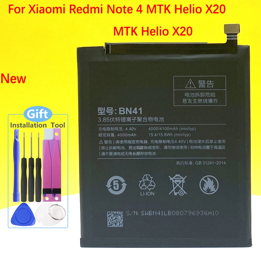 NEW BN41 Battery For Xiaomi Redmi Note 4 MTK Helio X20 Redmi Note 4X MTK Helio X20 Smartphone/Smart Mobile phone
NEW BN41 Battery For Xiaomi Redmi Note 4 MTK Helio X20 Redmi Note 4X MTK Helio X20 Smartphone/Smart Mobile phone