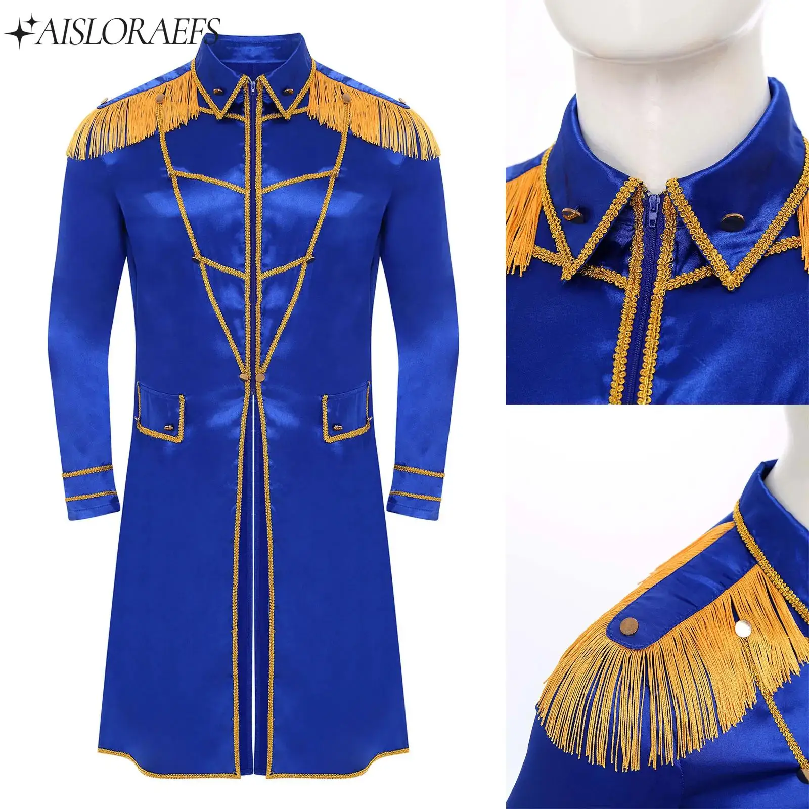 New Men Medieval Renaissance Long Coat Long Sleeve Fringe Shoulder Boards Gold Trim Tail Coat Jackets Satiny Steampunk Outerwear
New Men Medieval Renaissance Long Coat Long Sleeve Fringe Shoulder Boards Gold Trim Tail Coat Jackets Satiny Steampunk Outerwear