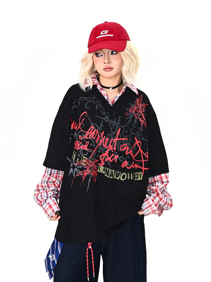 Loose Graffiti Plaid Shirt Collar Long Sleeve Women's Fake Two-Piece Spring 2026 New Style Streetwear Casual Top
Loose Graffiti Plaid Shirt Collar Long Sleeve Women's Fake Two-Piece Spring 2026 New Style Streetwear Casual Top