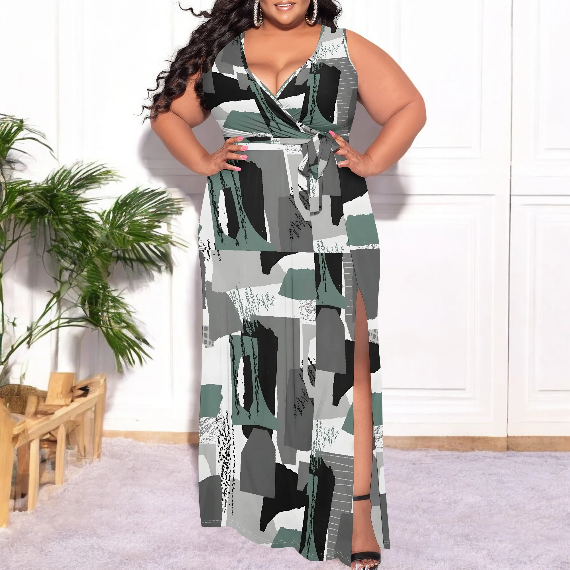 Plus Size Womens Sexy Casual Dresses for Curvy Women 3D Printed halterneck V Neckline Short Sleeve Loose High Vent Maxi Dress
Plus Size Womens Sexy Casual Dresses for Curvy Women 3D Printed halterneck V Neckline Short Sleeve Loose High Vent Maxi Dress