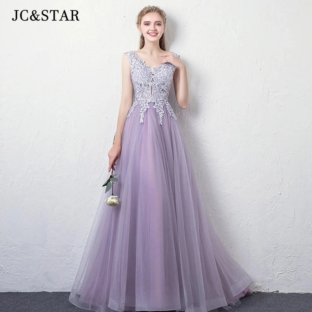 Lavender Tulle Applique Bridesmaid Dress Long V-neck Backless Elegant Evening Party Gowns A Line Graduation Custom Made
Lavender Tulle Applique Bridesmaid Dress Long V-neck Backless Elegant Evening Party Gowns A Line Graduation Custom Made