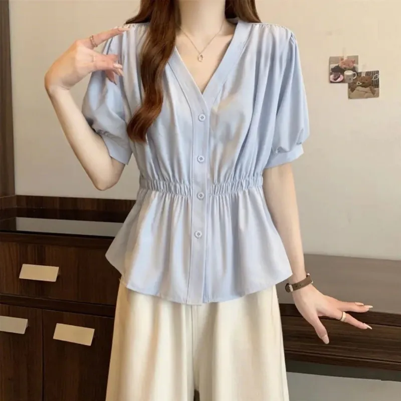 Womens Solid Color V Neck Blouse Short Puff Sleeve Elastic Waist Slim Fit Loose Plus Size Summer Shirt
Womens Solid Color V Neck Blouse Short Puff Sleeve Elastic Waist Slim Fit Loose Plus Size Summer Shirt