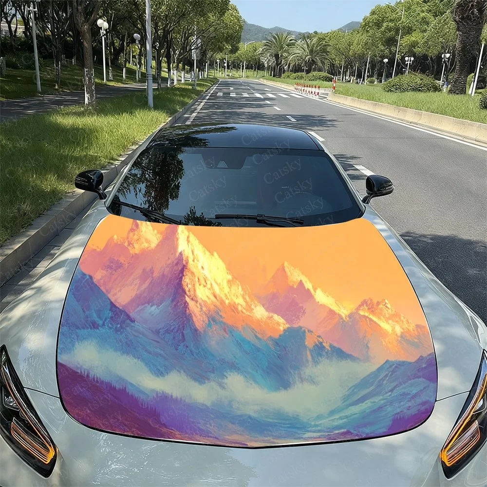 Vibrant mountain sunset design on car hood, featuring fiery peaks and dreamy purple clouds for bold automotive style.Car hood st
Vibrant mountain sunset design on car hood, featuring fiery peaks and dreamy purple clouds for bold automotive style.Car hood st