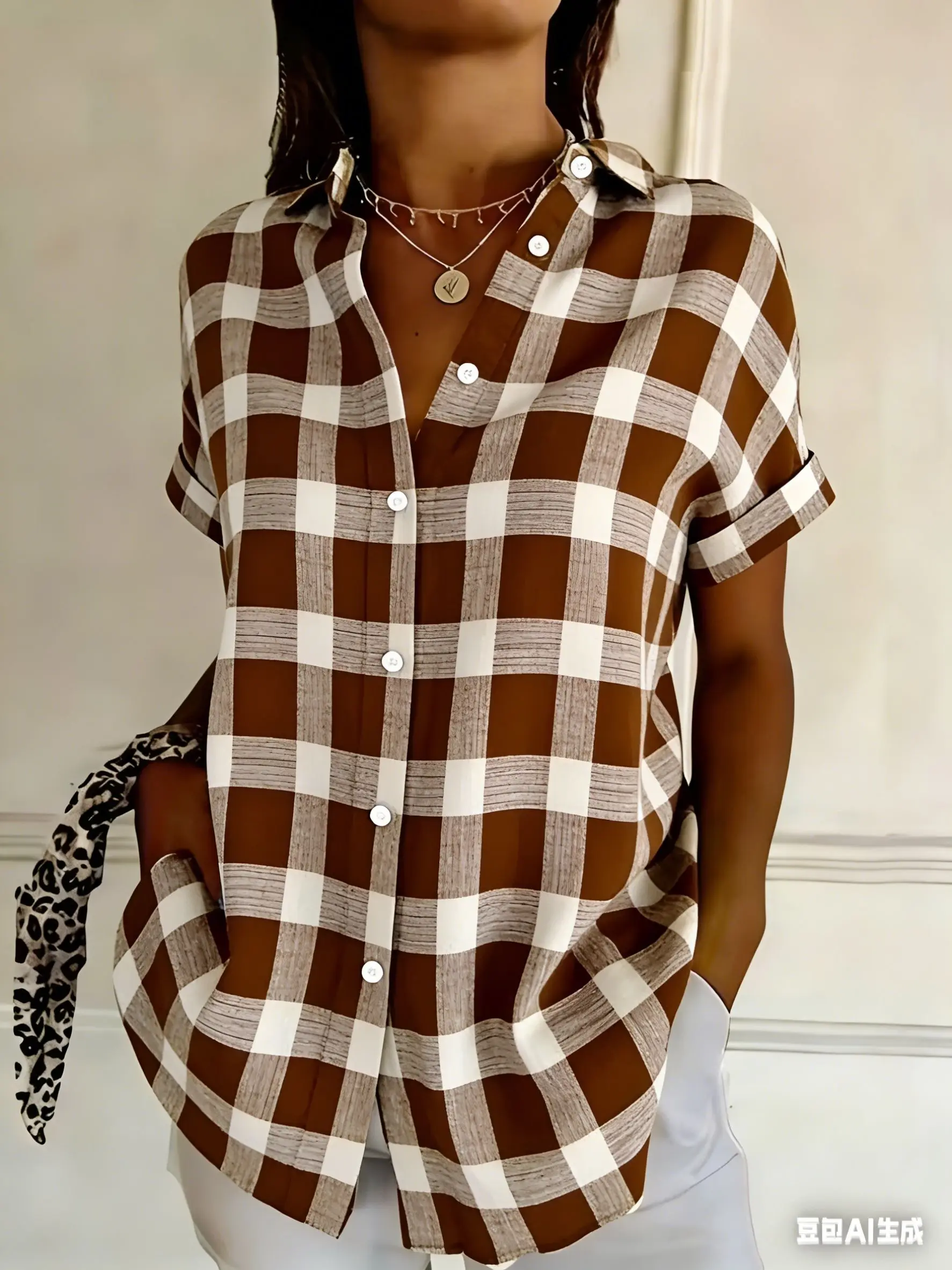Women's Brown & White Gingham Plaid Print Button Down Shirt, Casual Collared Tops for Spring Summer Daily Vacation Wear
Women's Brown & White Gingham Plaid Print Button Down Shirt, Casual Collared Tops for Spring Summer Daily Vacation Wear