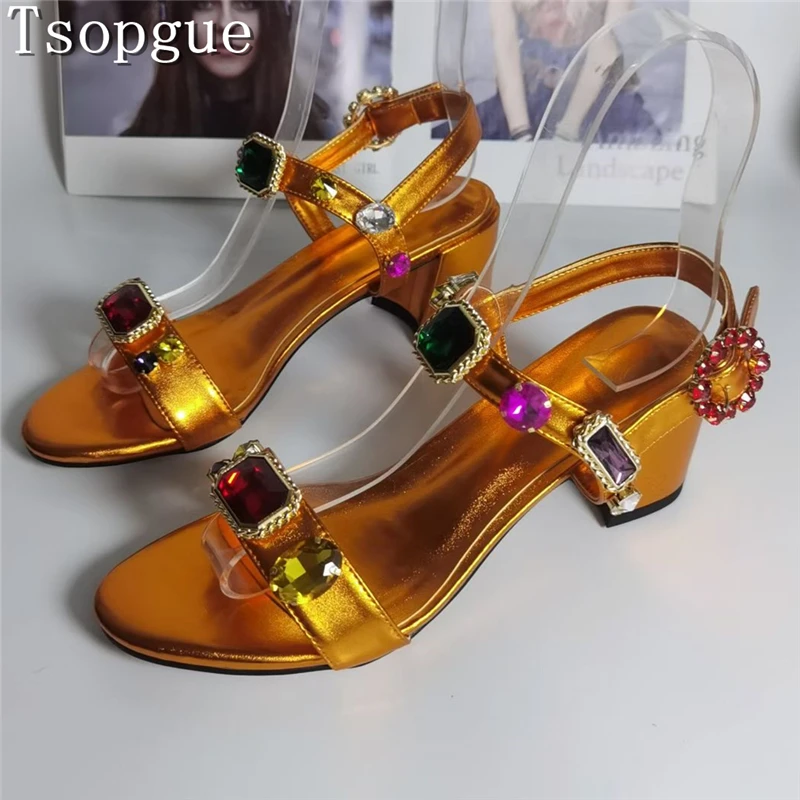 Color Gem Rhinestones Women Sandals Gold Luxury Metallic Leather Thick Heel Open Toe Ankle Strap Dress Shoes for Party Wedding
Color Gem Rhinestones Women Sandals Gold Luxury Metallic Leather Thick Heel Open Toe Ankle Strap Dress Shoes for Party Wedding