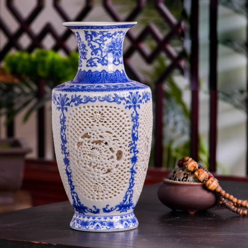 Vintage Chinese Hollow Ceramic Vase, Blue and White Porcelain Vase for Coffee Table, Unique Oritenal Ornament, Quality
Vintage Chinese Hollow Ceramic Vase, Blue and White Porcelain Vase for Coffee Table, Unique Oritenal Ornament, Quality