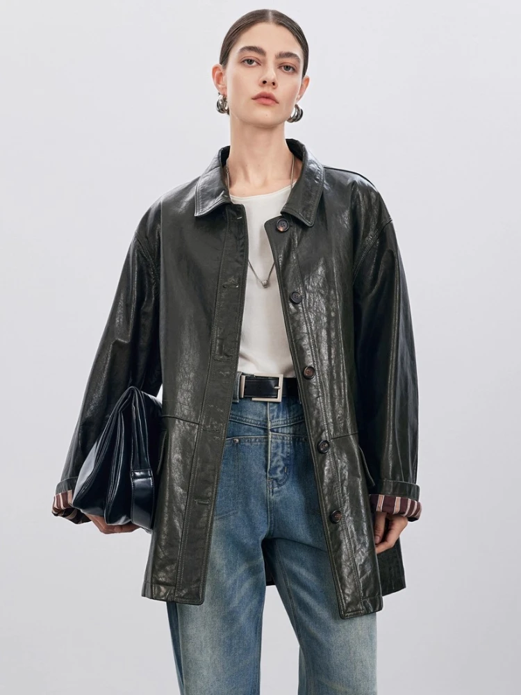 Vintage Genuine Leather Windbreaker Jackets Women Autumn Winter 2026 New High-end Simple Loose Soft Oil Wax Real Goatskin Coat
Vintage Genuine Leather Windbreaker Jackets Women Autumn Winter 2026 New High-end Simple Loose Soft Oil Wax Real Goatskin Coat