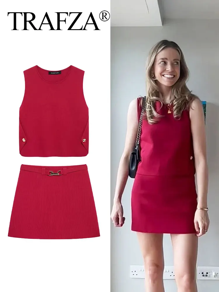 TRAFZA Women 2025 O-Neck Side Button Decorate Sleeveless Solid Casual Top+High Waist Slim Waistband Mini Skirt 2 Piece Set
TRAFZA Women 2025 O-Neck Side Button Decorate Sleeveless Solid Casual Top+High Waist Slim Waistband Mini Skirt 2 Piece Set