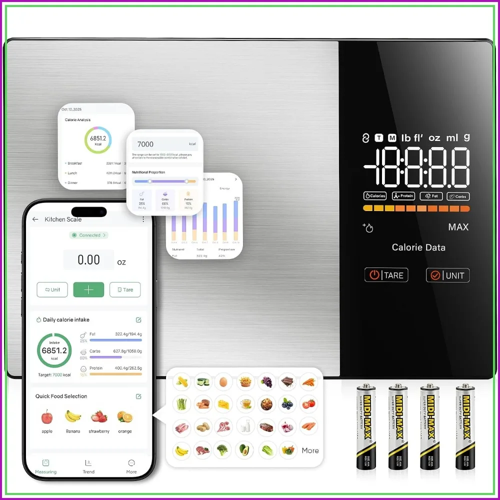 Smart Nutrition Food Scale with LED Display, Tracks Calories, Fat, Carbs & Protein via App, 1g Precision Digital Kitchen Scale for Healthy Eating & Meal Prep
Smart Nutrition Food Scale with LED Display, Tracks Calories, Fat, Carbs & Protein via App, 1g Precision Digital Kitchen Scale for Healthy Eating & Meal Prep