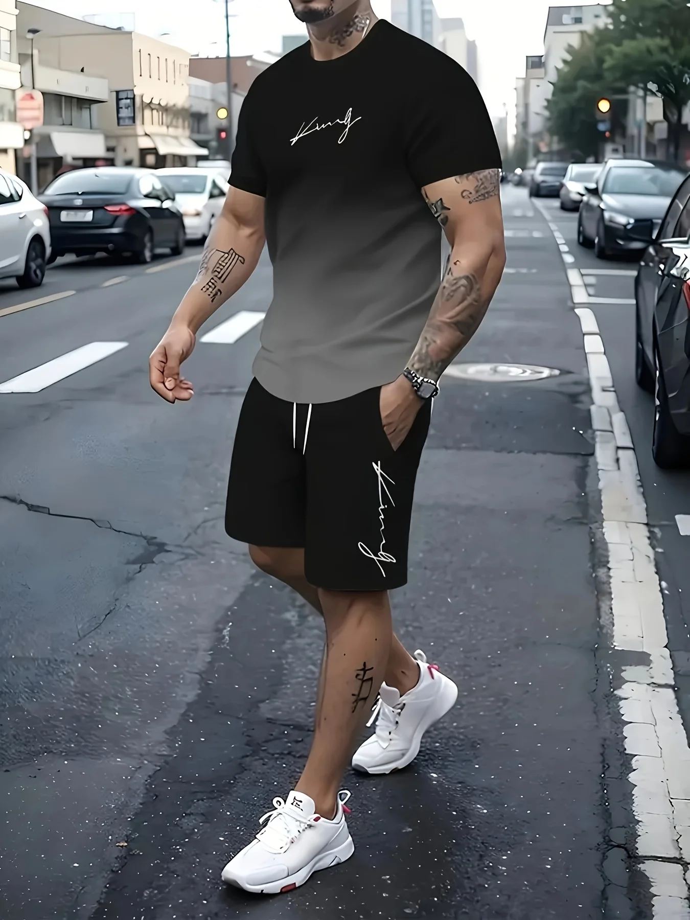 Men's 2-piece summer suit, geometric printed crew neck T-shirt and pocket stretch waist shorts, casual knitted fabric
Men's 2-piece summer suit, geometric printed crew neck T-shirt and pocket stretch waist shorts, casual knitted fabric
