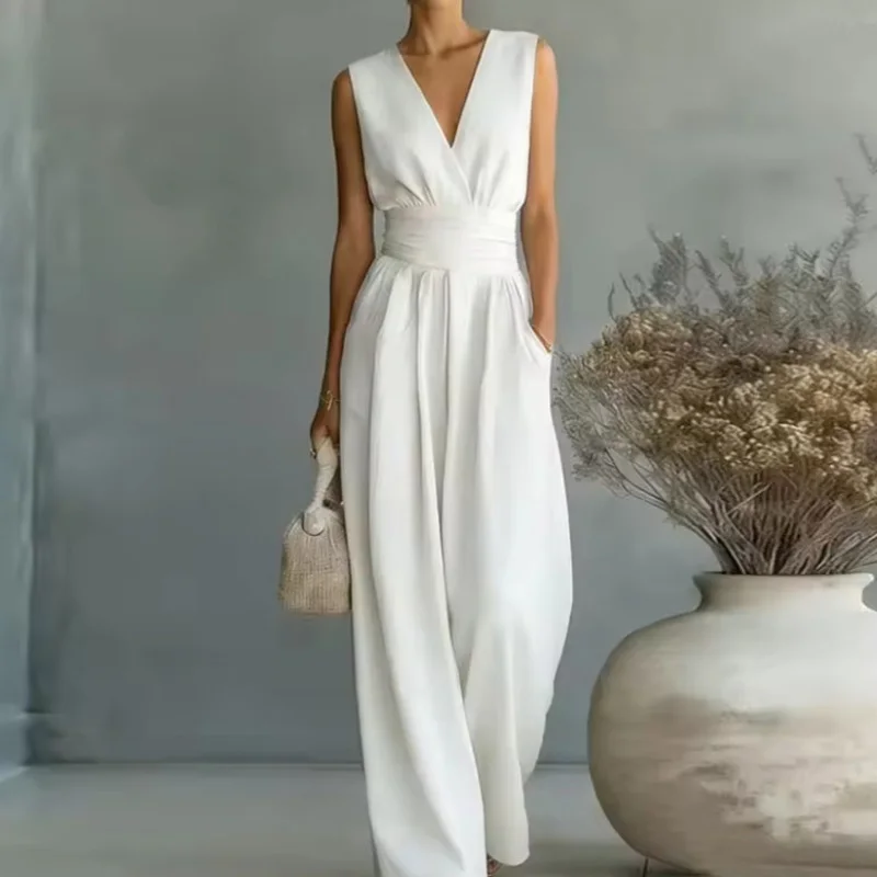 2026 Deep V Neck Women's Jumpsuits Elegant Sleeveless Solid High Waist Rompers Casual Wide Leg Pants Overalls Vacation Outfit
2026 Deep V Neck Women's Jumpsuits Elegant Sleeveless Solid High Waist Rompers Casual Wide Leg Pants Overalls Vacation Outfit