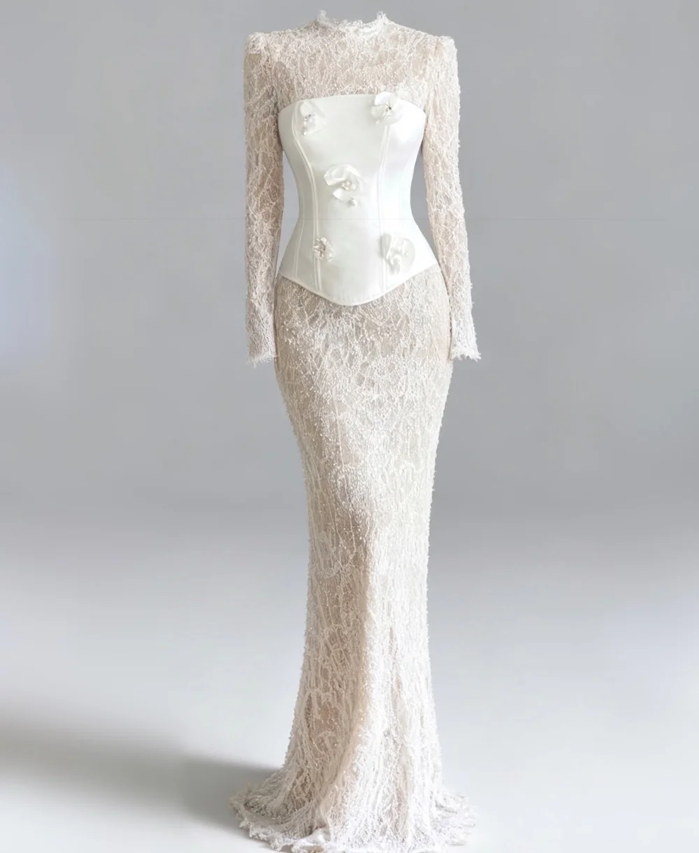 Customized Fashion Lace Pleat Pattern Flower Trumpet High Collar Long Bespoke Occasion Evening Dresses Formal
Customized Fashion Lace Pleat Pattern Flower Trumpet High Collar Long Bespoke Occasion Evening Dresses Formal