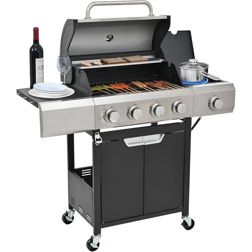 4-Burner Propane Gas Grill with Stain-resistant Instruction, Dual Side Racks, and Wheels for Patio & Backyard Cooking
4-Burner Propane Gas Grill with Stain-resistant Instruction, Dual Side Racks, and Wheels for Patio & Backyard Cooking