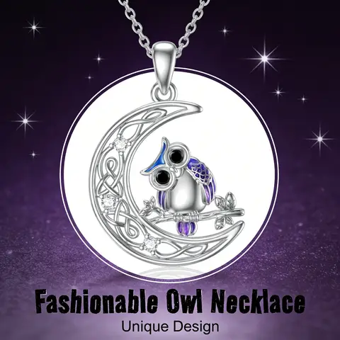 Zinc Alloy Owl Crescent Moon Pendant Necklace Enamel Faux Rhinestone Cute Animal Jewelry for Women Girls Birthday Gift