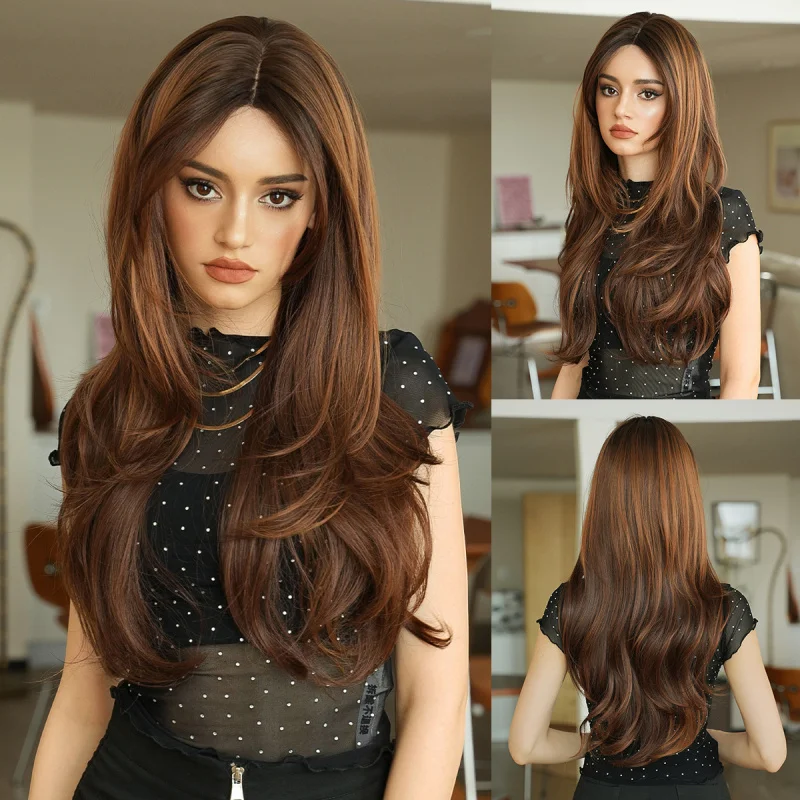 Korean and Japanese style in sweet orange tea brown color, long layered hair with a middle parting, full head lace wig for w
Korean and Japanese style in sweet orange tea brown color, long layered hair with a middle parting, full head lace wig for w