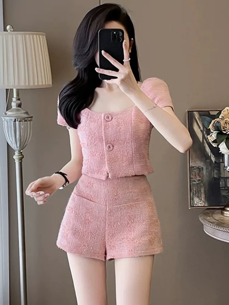 Street Style Coarse Tweed Square Collar Short Shirt Women Korean High-waisted Slim Shorts Summer Sweet Pink Trendy Two Pieces
Street Style Coarse Tweed Square Collar Short Shirt Women Korean High-waisted Slim Shorts Summer Sweet Pink Trendy Two Pieces