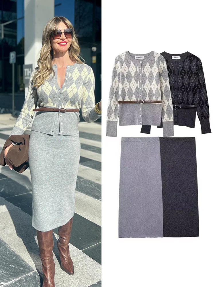 TRAFZA Autumn Vintage Women O-Neck Knitted Long Sleeve Coat Diamond Pattern With Belt Decorate Cardigan+Split Hem Hip Midi Skirt
TRAFZA Autumn Vintage Women O-Neck Knitted Long Sleeve Coat Diamond Pattern With Belt Decorate Cardigan+Split Hem Hip Midi Skirt