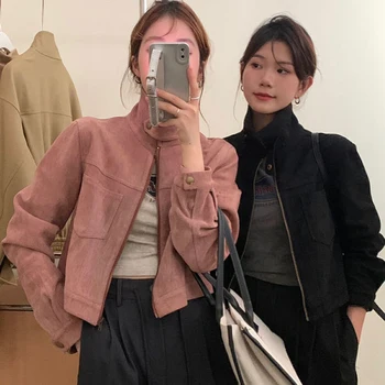 빈티지 디자인 감각 사슴 벨벳 우아한 슬리밍 스탠드 칼라 짧은 재킷 탑 5 색 높은 칼라 긴 소매 느슨한 유형