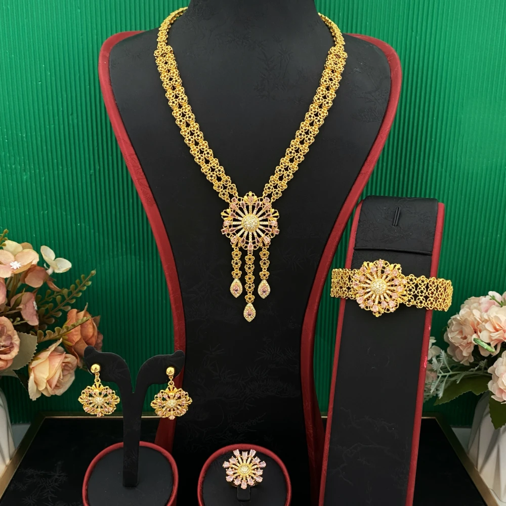 Flora Luxury Shiny Zircon Gold Plated Copper Jewelry Bracelet Necklace Ring Earrings Elegant Women Party Jewelry Set
Flora Luxury Shiny Zircon Gold Plated Copper Jewelry Bracelet Necklace Ring Earrings Elegant Women Party Jewelry Set