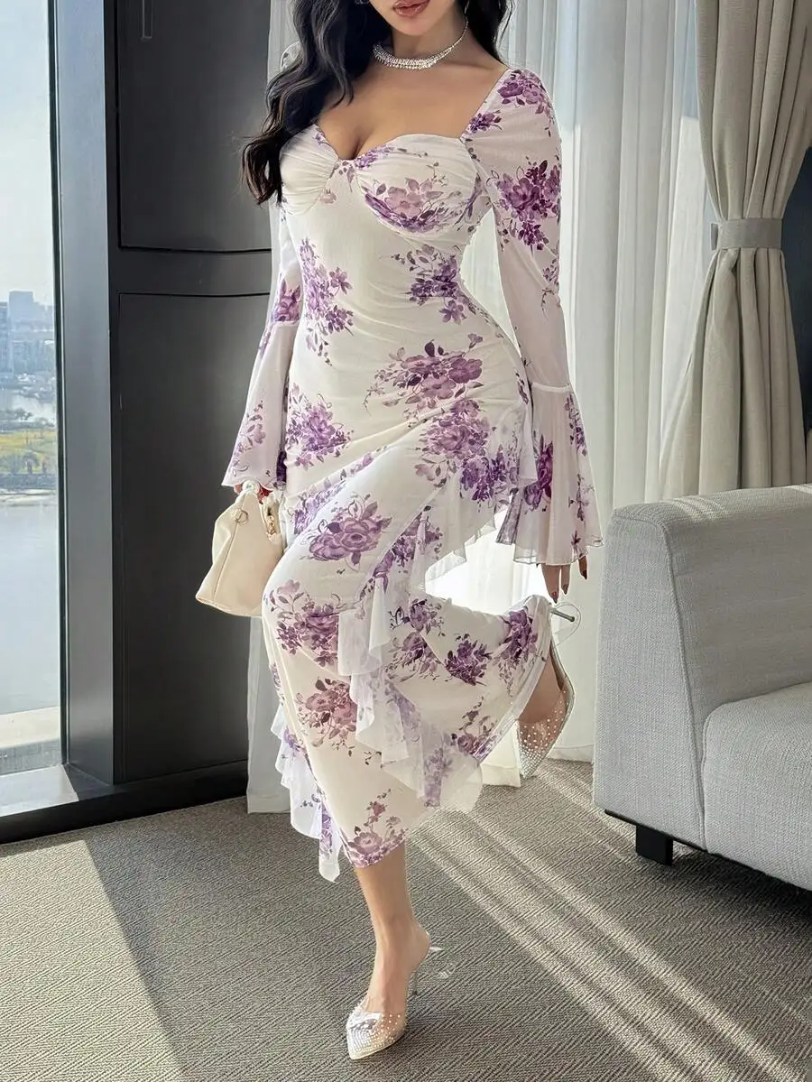 Women Floral Print Sweetheart Neck Flare Sleeve Elegant Dress
Women Floral Print Sweetheart Neck Flare Sleeve Elegant Dress