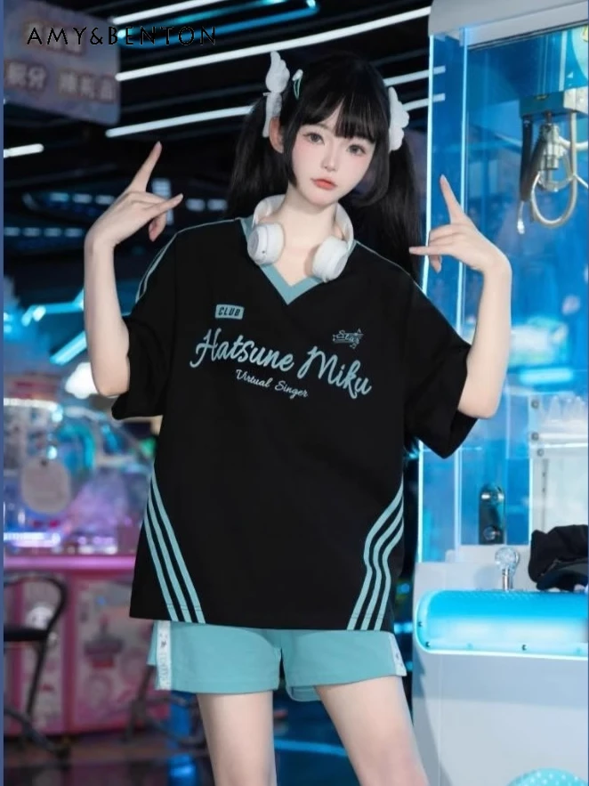 Japanese Sweet Cartoon Print Splicing Color V-neck Short-sleeved T-shirt Elastic Waist Wide-leg Pants Two-piece Set Summer New
Japanese Sweet Cartoon Print Splicing Color V-neck Short-sleeved T-shirt Elastic Waist Wide-leg Pants Two-piece Set Summer New