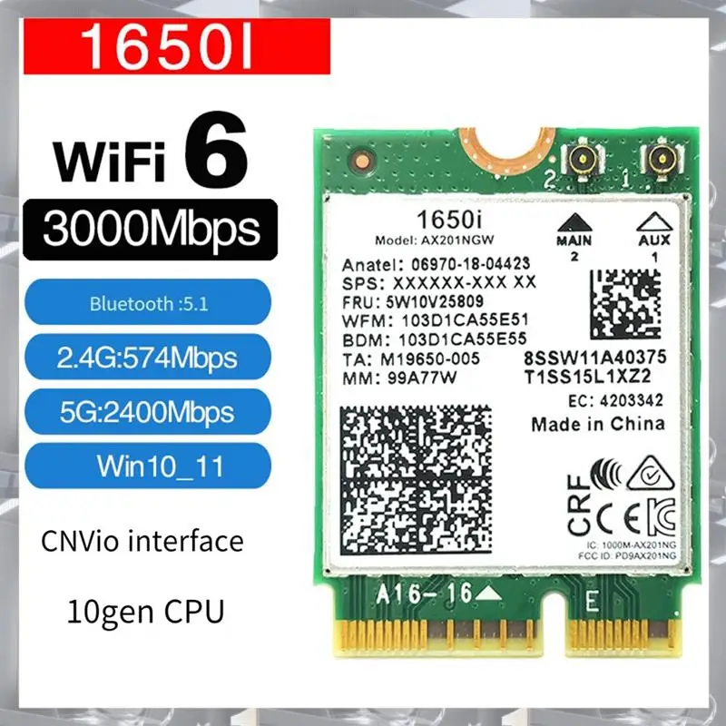 Лидер продаж-1650I AX201NGW Wi-Fi карта 3000 Мбит/с WIFI6 2,4G/5G двухдиапазонный Cnvio2 Bluetooth 5,1 беспроводной Wi-Fi адаптер для Win10/Win11
Лидер продаж-1650I AX201NGW Wi-Fi карта 3000 Мбит/с WIFI6 2,4G/5G двухдиапазонный Cnvio2 Bluetooth 5,1 беспроводной Wi-Fi адаптер для Win10/Win11