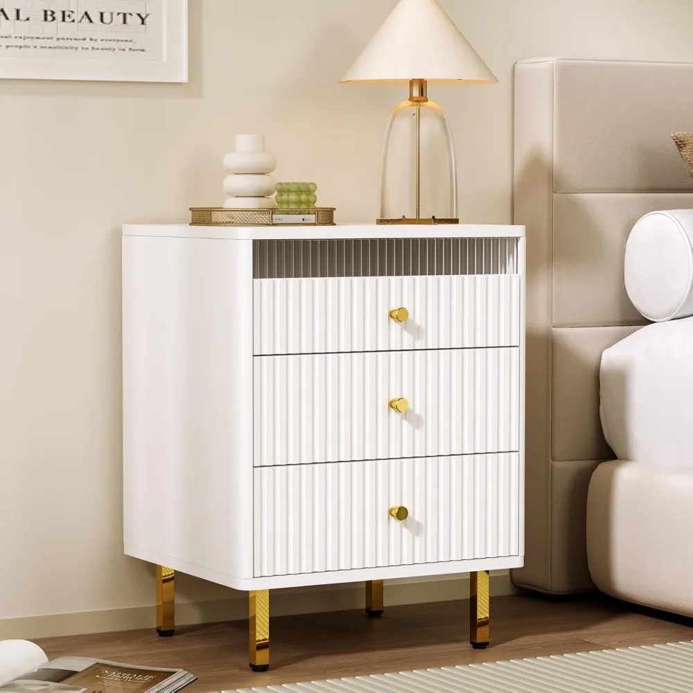 Night Stand, Fluted White Nightstand with 3 Drawers, End Table with Gold Legs and Handles, Bedside Table for Bedroom
Night Stand, Fluted White Nightstand with 3 Drawers, End Table with Gold Legs and Handles, Bedside Table for Bedroom