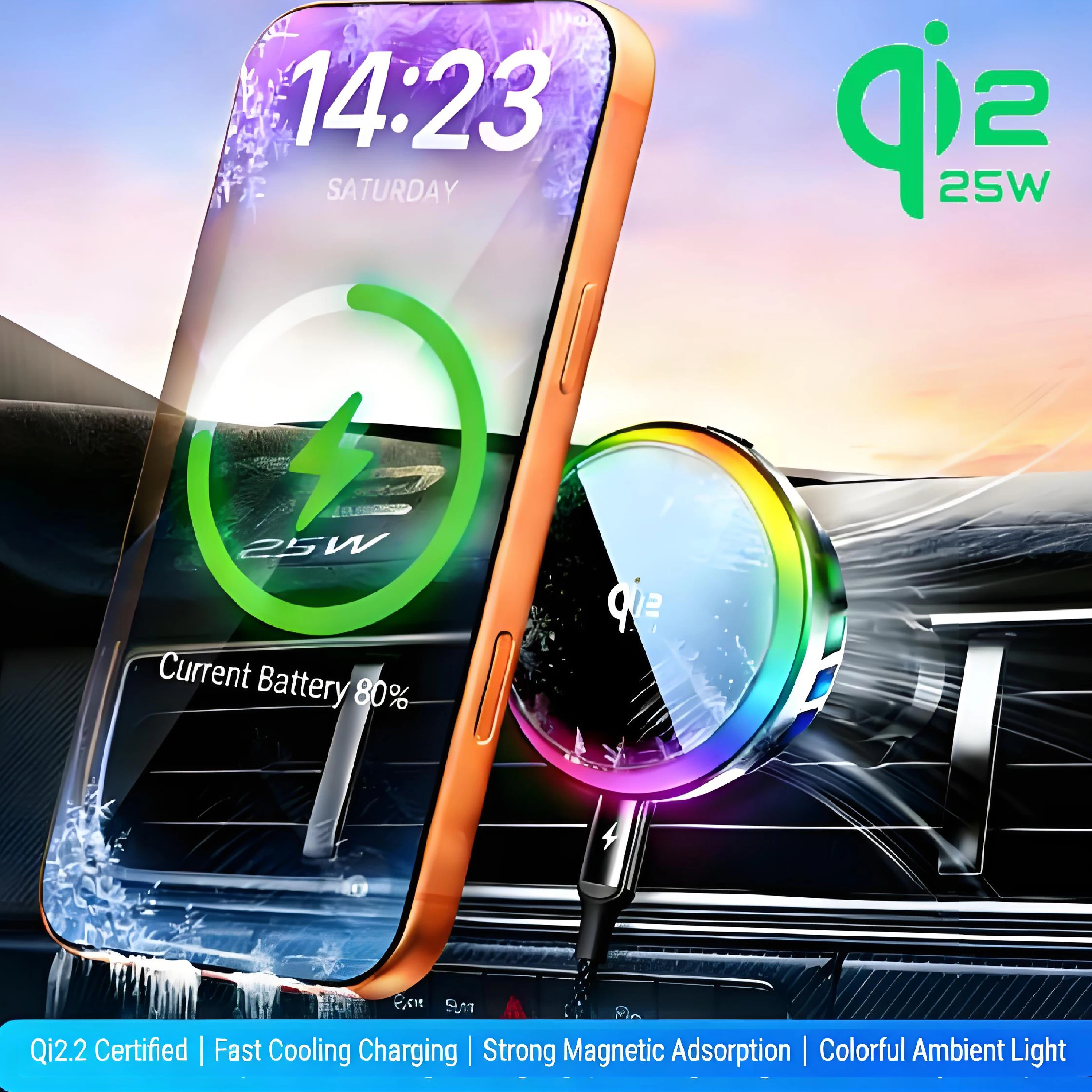 25W Magnetic Wireless Cooling Car Phone Holder Adjustable with RGB Light Fast Charging Air Vent Mount For iPhone15 14 13 Pro
25W Magnetic Wireless Cooling Car Phone Holder Adjustable with RGB Light Fast Charging Air Vent Mount For iPhone15 14 13 Pro