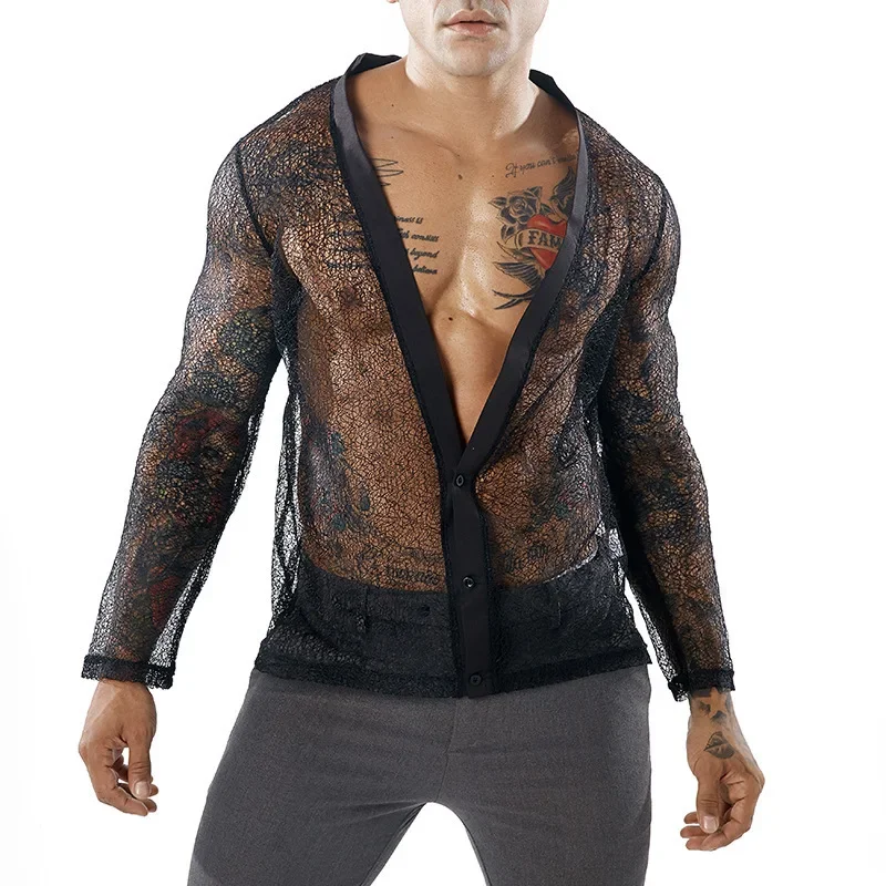 V-neck Sexy Mens Tshirt Stylish Black Transparent Mesh Cardigan Long Sleeved POLO Shirts for Men
V-neck Sexy Mens Tshirt Stylish Black Transparent Mesh Cardigan Long Sleeved POLO Shirts for Men