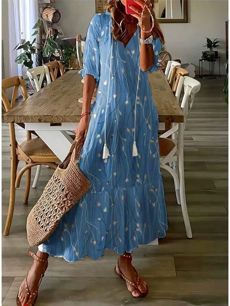 Sky Blue Botanical V-Neck Loose Mid-Sleeve Maxi Dress With Tassel Drawstrings And Flowy Hem For Women Casual Boho
Sky Blue Botanical V-Neck Loose Mid-Sleeve Maxi Dress With Tassel Drawstrings And Flowy Hem For Women Casual Boho