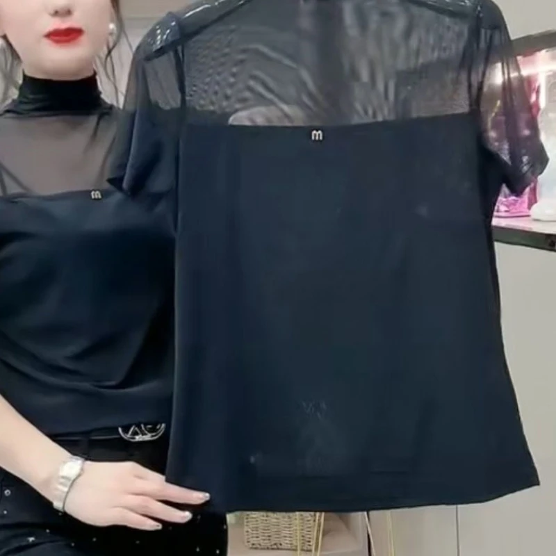 2024 New Summer Fashion Elegant Versatile Gauze Loose Short Sleeved Solid Color Half High Neck Patchwork Women's T-shirt Top
2024 New Summer Fashion Elegant Versatile Gauze Loose Short Sleeved Solid Color Half High Neck Patchwork Women's T-shirt Top