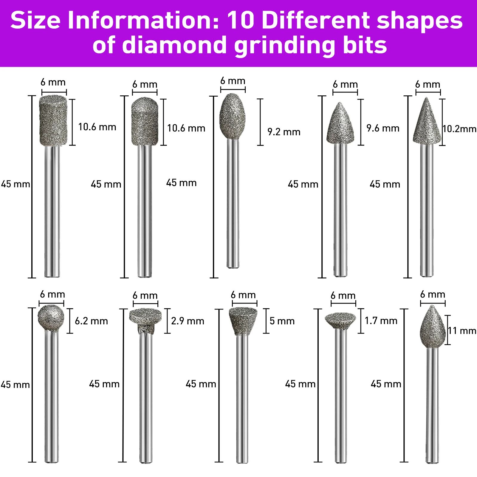 120-Grit Diamond Grinding Head Set with 10 Different Sizes, 3mm Shank Diameter, for Jade, Stone, Metal, and Glass Engraving
120-Grit Diamond Grinding Head Set with 10 Different Sizes, 3mm Shank Diameter, for Jade, Stone, Metal, and Glass Engraving