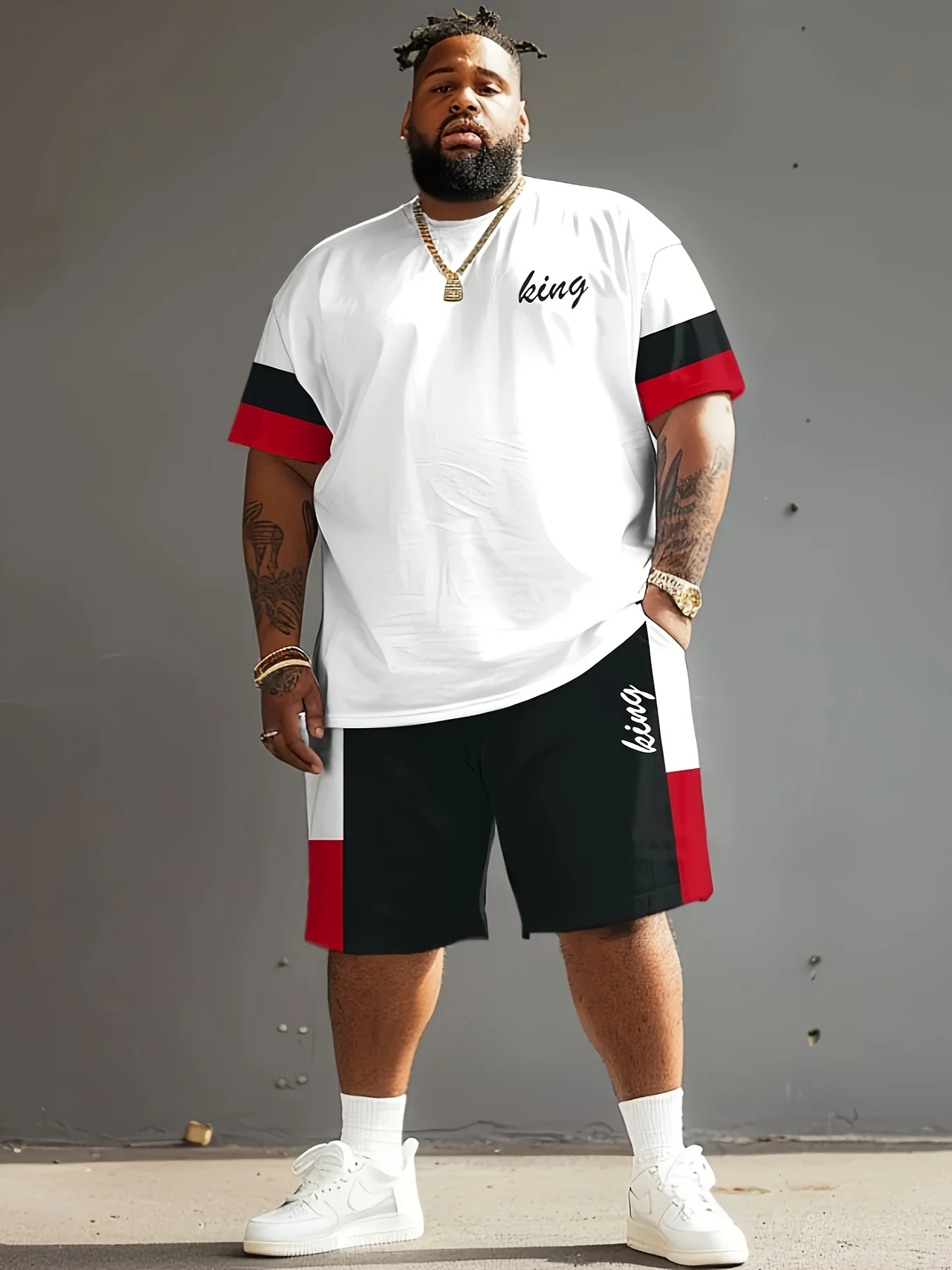 Plus Size Men's Two-Piece Set Including Short Sleeve T-Shirt and Shorts - Red and Black Casual Summer Dress.
Plus Size Men's Two-Piece Set Including Short Sleeve T-Shirt and Shorts - Red and Black Casual Summer Dress.