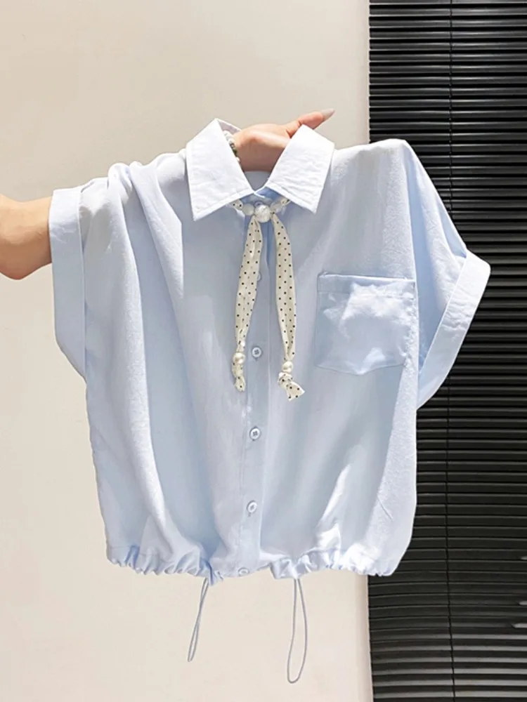 Blue Polka Dot Silk Ribbon Short Sleeve Shirt Women's Summer New Drawstring Waist Loose Shirt Short Style Top Korean Style
Blue Polka Dot Silk Ribbon Short Sleeve Shirt Women's Summer New Drawstring Waist Loose Shirt Short Style Top Korean Style