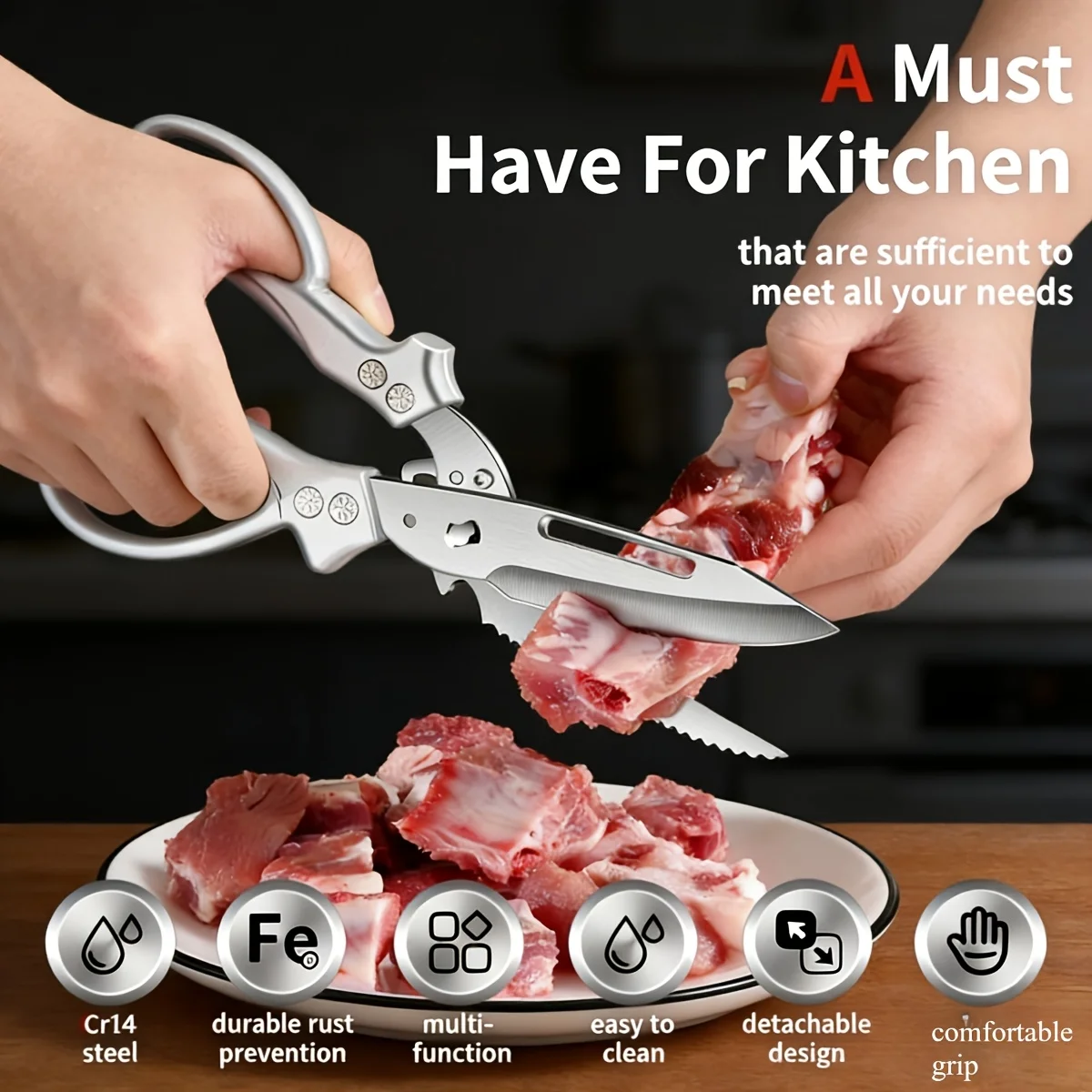 1pc 3CR Stainless Steel Cooking Scissors, Automatic Strong Chicken Bone Scissors, Smooth and Labor-saving Handle, Essential Tools for Home Kitchens, Multi-functional Planable Fruits and Vegetables, Seat Belt Lock
1pc 3CR Stainless Steel Cooking Scissors, Automatic Strong Chicken Bone Scissors, Smooth and Labor-saving Handle, Essential Tools for Home Kitchens, Multi-functional Planable Fruits and Vegetables, Seat Belt Lock